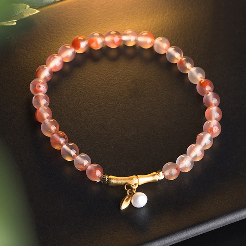 Daotempel South Red Agate Aquamarine Pearl Hetian Jade Bamboo Flower Fortune Bracelet