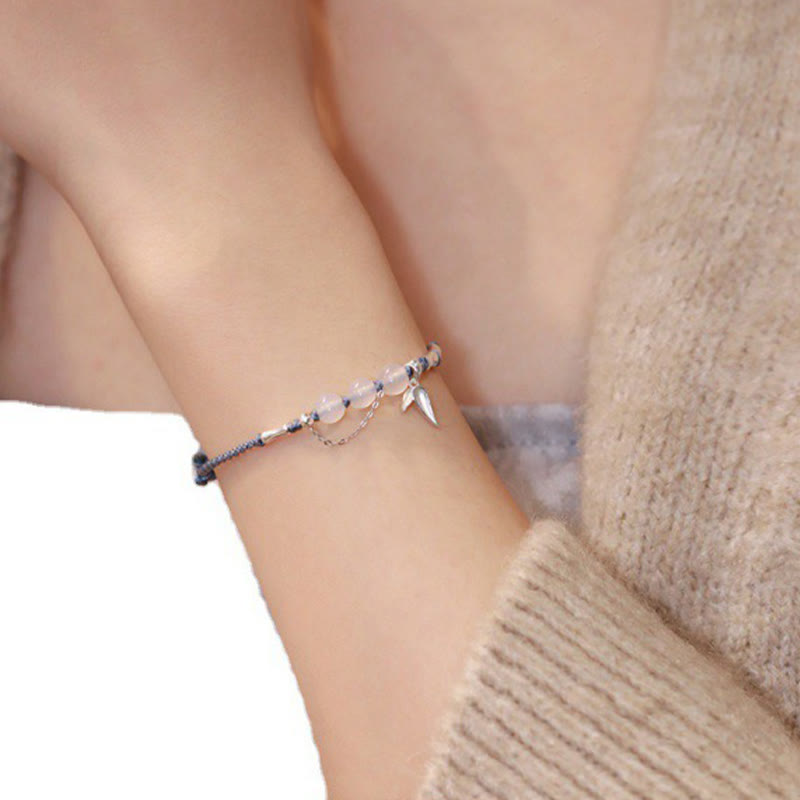 Daotempel 925 Sterling Silver Bamboo Leaves Hetian Jade Chalcedony Beads Blessing Braided Bracelet