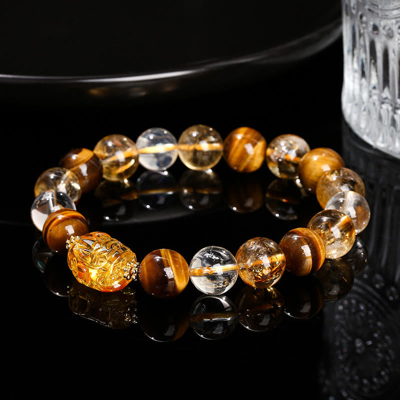 Daotempel Natural Yellow Tiger Eye Citrine Beeswax Pixiu Strength Bracelet