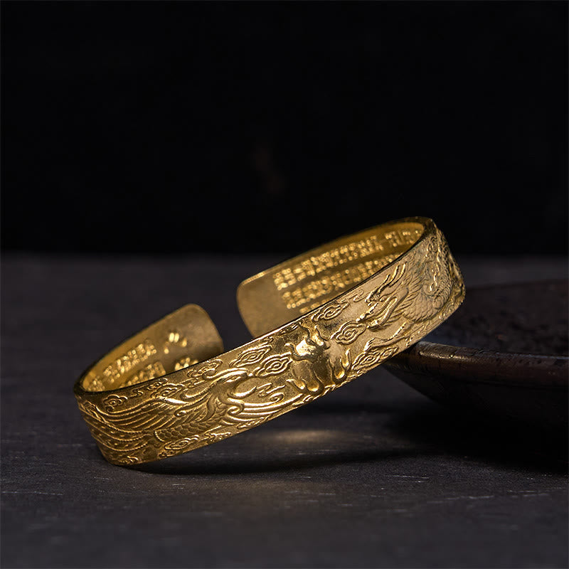 Daotempel Dragon And Phoenix Playing With A Pearl Heart Sutra Carved Copper Brass Luck Bracelet Bangle