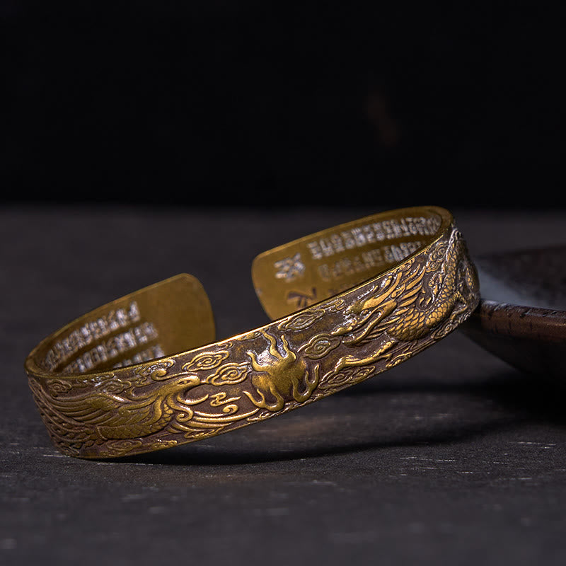 Daotempel Dragon And Phoenix Playing With A Pearl Heart Sutra Carved Copper Brass Luck Bracelet Bangle