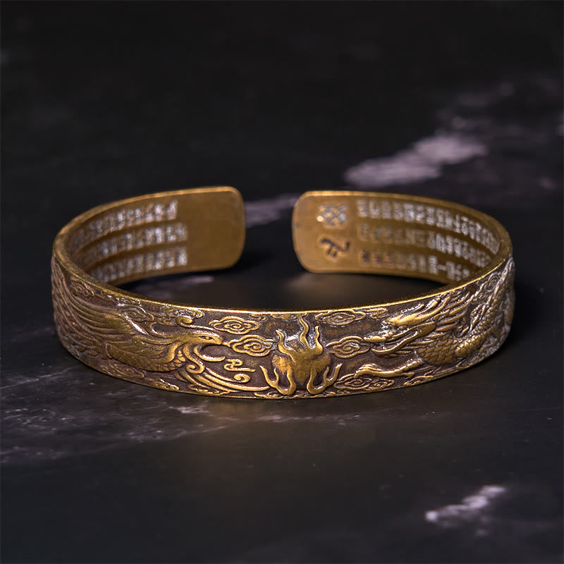 Daotempel Dragon And Phoenix Playing With A Pearl Heart Sutra Carved Copper Brass Luck Bracelet Bangle