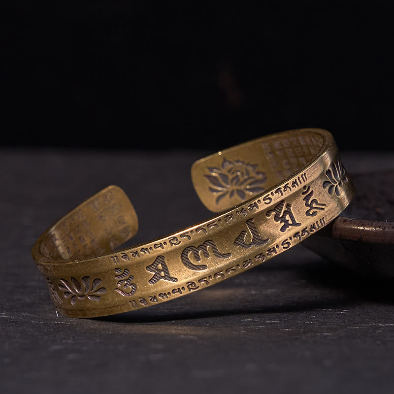 Daotempel Six True Words 'om Mani Padme Hum' Heart Sutra Lotus Copper Brass Peace Cuff Bracelet Bangle