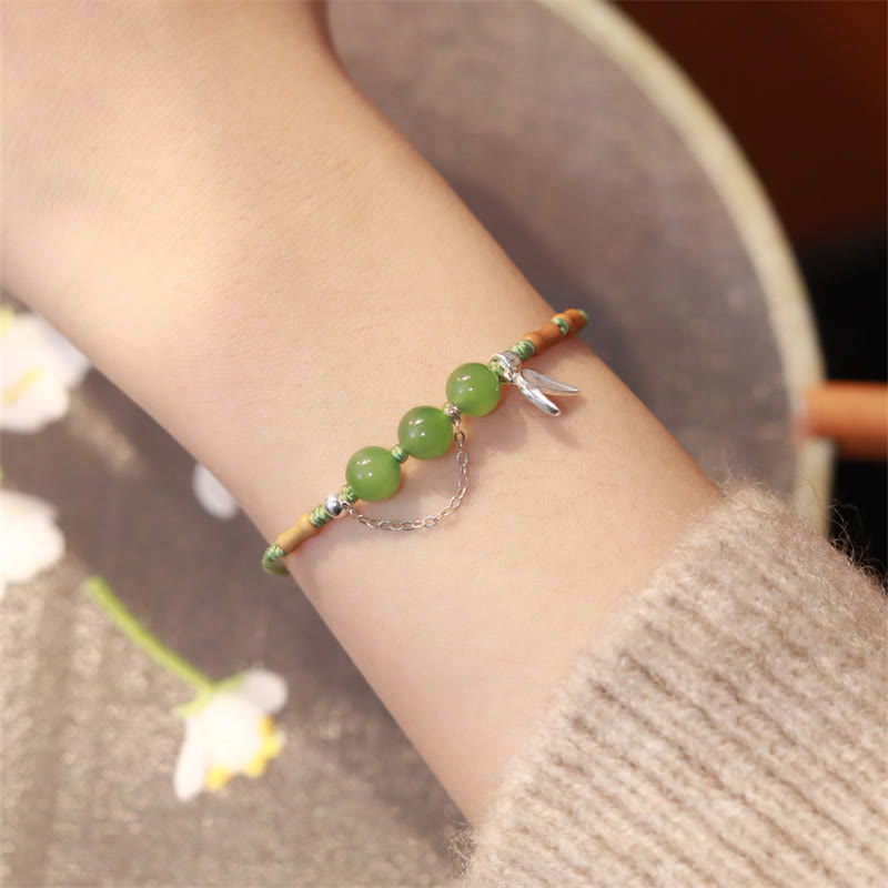 Daotempel 925 Sterling Silver Bamboo Leaves Hetian Jade Chalcedony Beads Blessing Braided Bracelet