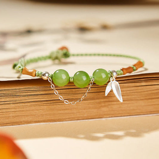 Daotempel 925 Sterling Silver Bamboo Leaves Hetian Jade Chalcedony Beads Blessing Braided Bracelet