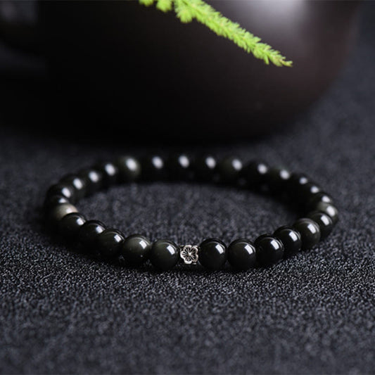 Daotempel Black Obsidian Bead 925 Sterling Silver Flower Design Purification Bracelet