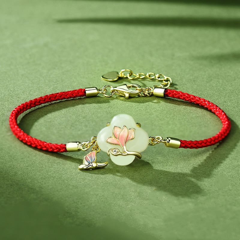 Daotempel 925 Sterling Silver Hetian Jade Magnolia Flower Butterfly Luck Chain Bracelet