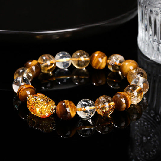 Daotempel Natural Yellow Tiger Eye Citrine Beeswax Pixiu Strength Bracelet