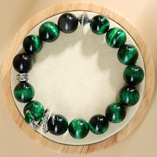Daotempel Green Tiger Eye Silver Sheen Obsidian Year of the Snake Strength Bracelet