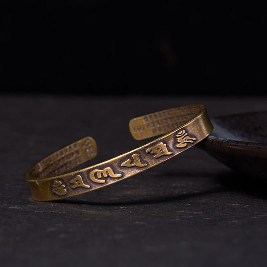 Daotempel Six True Words 'om Mani Padme Hum' Heart Sutra Copper Brass Wisdom Peace Cuff Bracelet Bangle