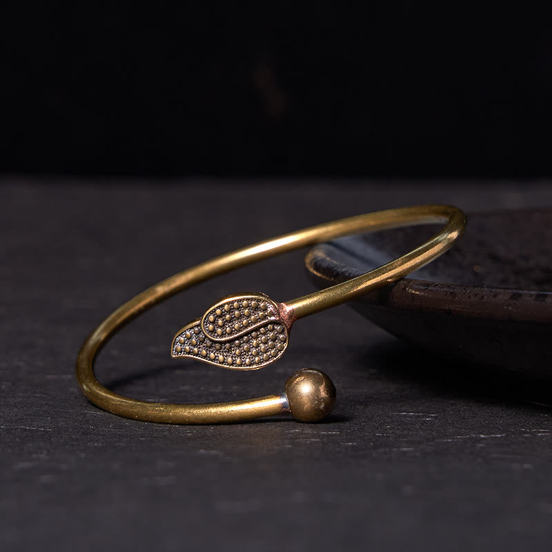 Daotempel Leaf Bead Copper Brass Luck Wealth cuff Bracelet Bangle