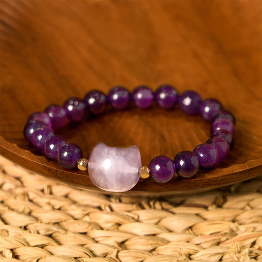 Daotempel Amethyst Green Aventurine Rose Quartz Fluorite Cat Head Balance Luck Bracelet