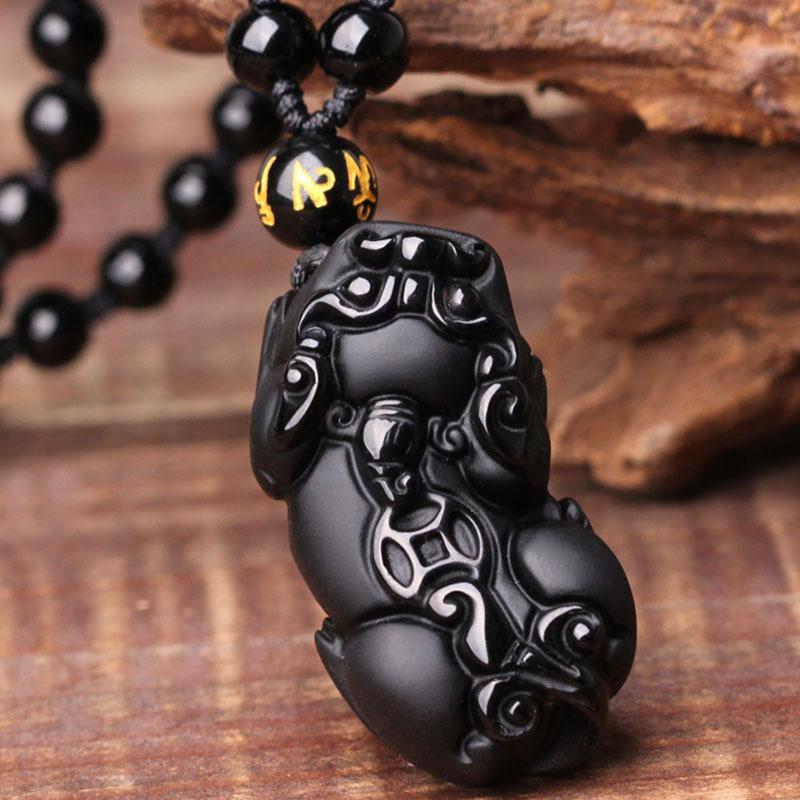 Schwarze Obsidiankette mit Pixiu – Schutz für Wohlstand